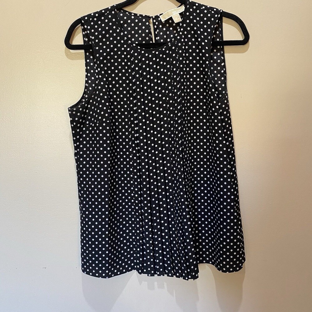 Michael Kors Black White Polka Dot Pleated Back Keyhole Sleeveless Top Size M